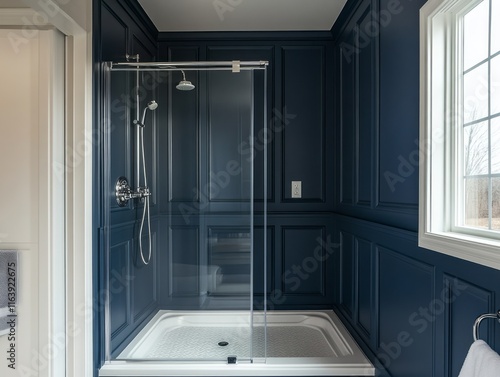 Modern Glass Shower Enclosure In A Navy Blue Bathroom
