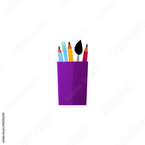 Vector illustration of a stand with colored pencils and a brush on an isolated background.