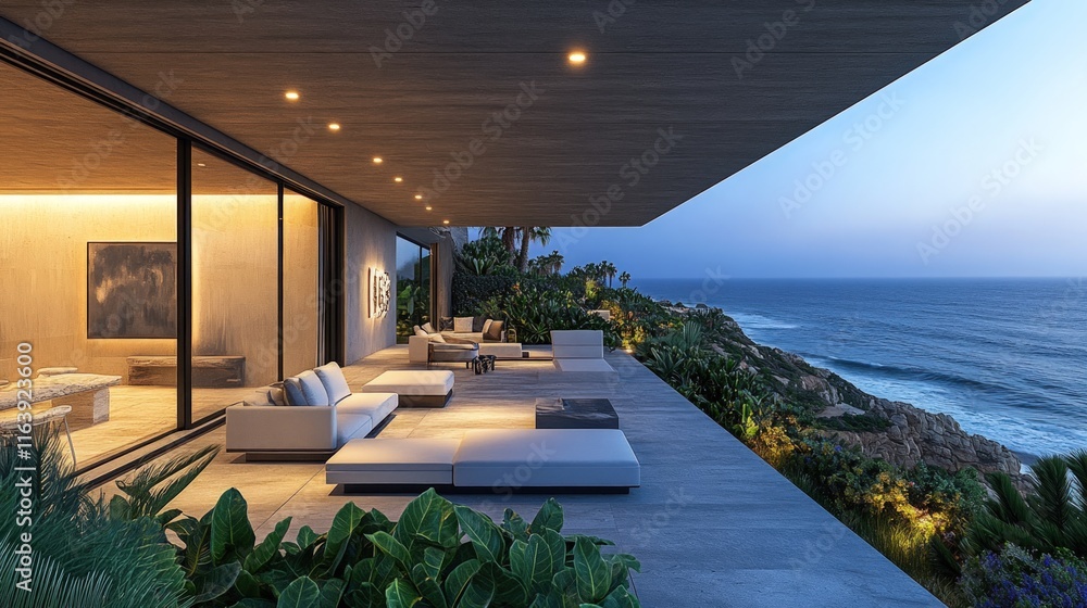 Obraz premium Modern cliffside patio, ocean view, evening.