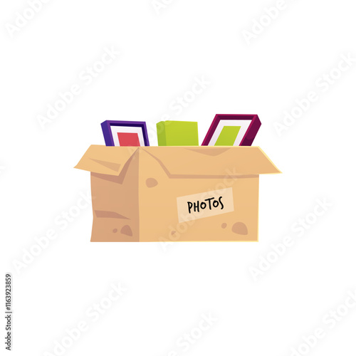 Vector illustration of cardboard box with photo frames inside and "photos" inscription.