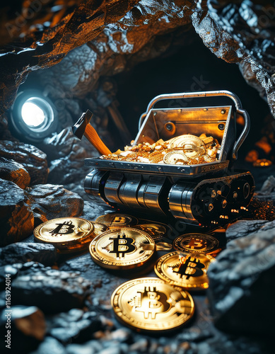 Bitcoin mine, gold bitcoin inside of an minecart in a dark cave with pick axes and futuristic hardware, bitcoin mining concept, limited bitcoins, digital gold photo