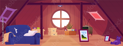 Vector illustration of an old wooden attic with a broken sofa, storage boxes and retro items.