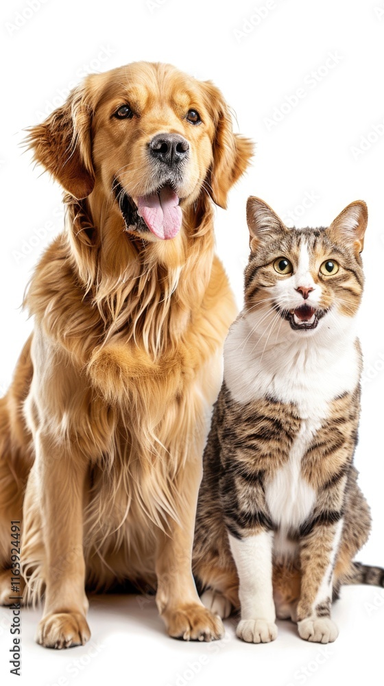 Fototapeta premium Golden Retriever and Tabby Cat Sitting Together