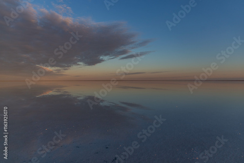 Beautiful sunrise on the Elton salt lake. Volgograd region, Russia photo