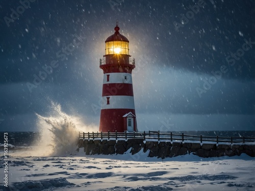 Snowstorm engulfs lighthouse with crashing waves along the rocky shore at dusk highlighting resilience against nature's fury photo