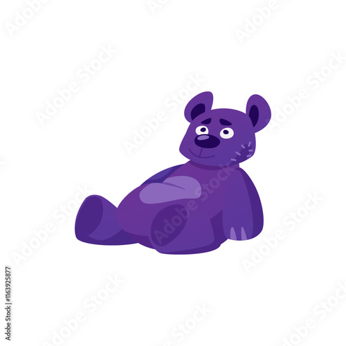 Old teddy bear with patches flat vector, cartoon gothic animal doll, abandoned thrown sad plush bear toy sitting alone