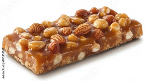 A close-up of a delicious nut and caramel snack bar, showcasing its rich texture and mixed nuts on top, Perfect for articles on health snacks, dessert recipes, or marketing for confectionery products photo