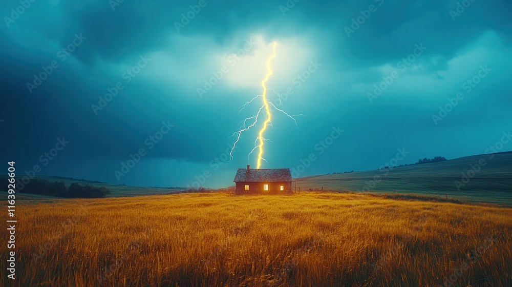 Lightning strikes lonely farmhouse in stormy field. Lightning strikes lonely farmhouse in stormy field.