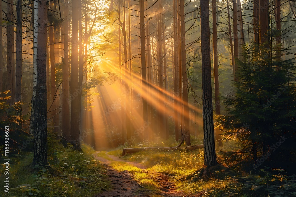 Naklejka premium Sunbeams illuminate a tranquil forest path at sunrise. Tall trees stand majestically, casting long shadows. A serene and peaceful atmosphere pervades the scene.