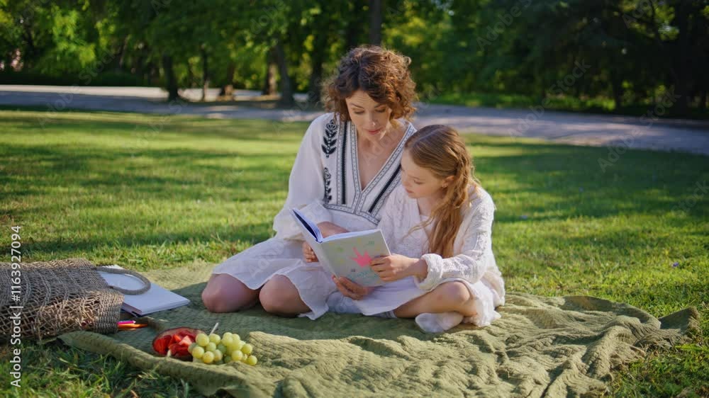 Picnic family reading novel at greenery park. Mother girl enjoying fairy tale Picnic family reading novel at greenery park. Mother girl enjoying fairy tale
