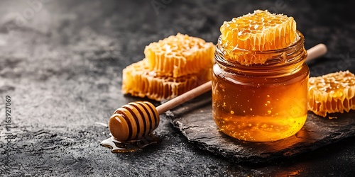 Jar of honey with honeycomb photo