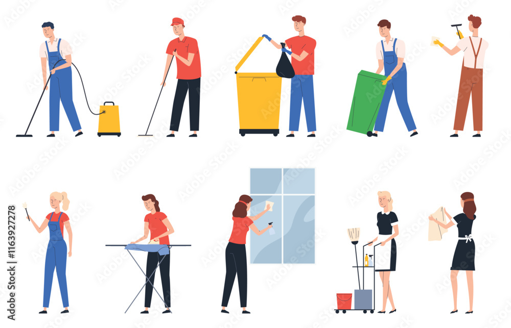 People cleaning in the house. Professional cleaning service. Cleaning the room, house, hotel room, industrial premises. Vector illustrations People cleaning in the house. Professional cleaning service. Cleaning the room, house, hotel room, industrial premises. Vector illustrations