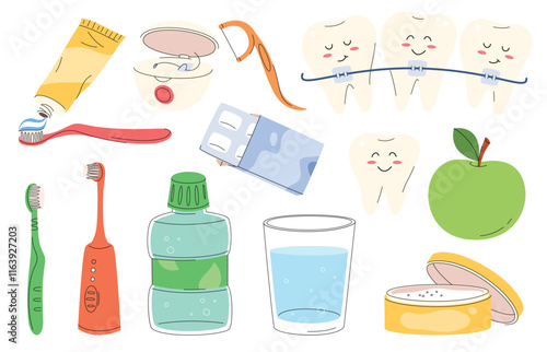 Child dental care set. Objects for brushing and teeth care. Child dentistry. Vector illustration