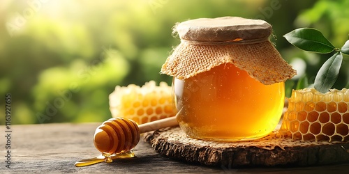 Jar of honey with honeycomb photo