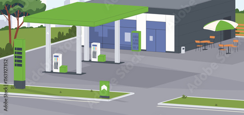 Gas station. Stop and refuel the car on the trip, a small shop for drivers and passengers. Vector illustrations