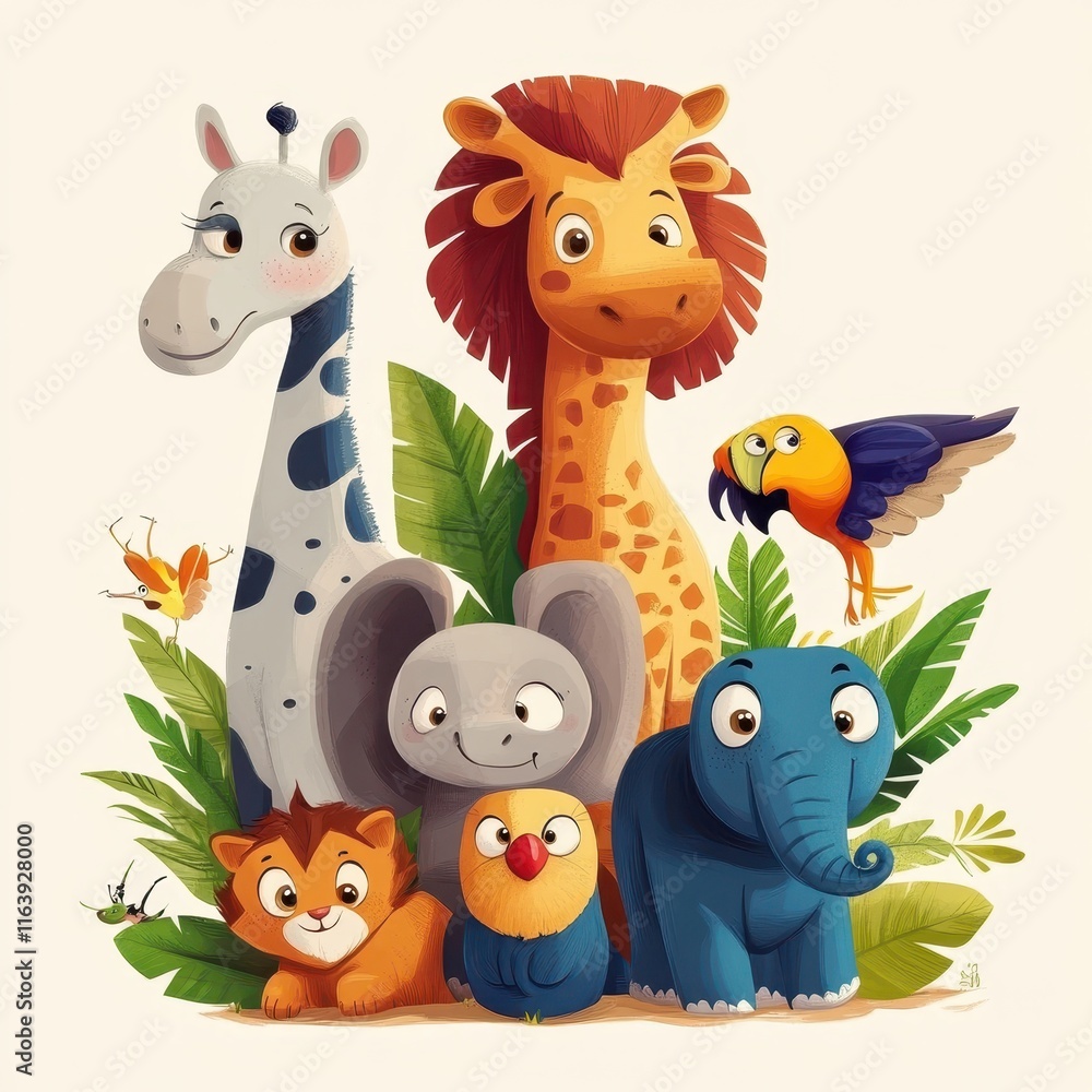 Naklejka premium Adorable Cartoon Safari Animals Gather Together In Jungle Foliage