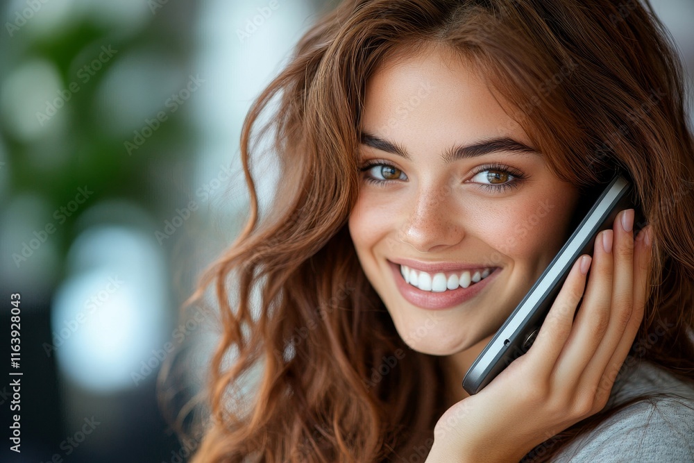 happy businesswoman calling on phone at office, Generative AI happy businesswoman calling on phone at office, Generative AI
