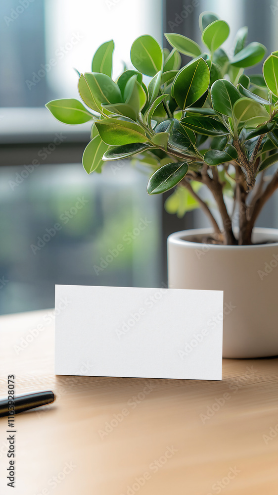 Blank business card mockup displayed on a wooden table next to a plant Blank business card mockup displayed on a wooden table next to a plant