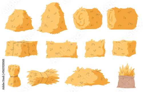 Set of different haystacks. Agriculture. Dry grass animal feed. Vector illustration