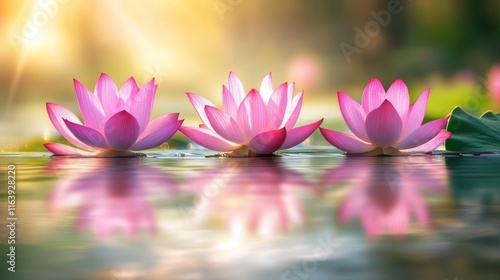 Wallpaper Mural Three pink lotus flowers blooming on calm water at sunrise, reflecting in the surface. Torontodigital.ca