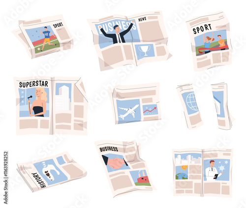 Set of newspapers. Paper edition with news. Weekly media publications. Vector illustrations