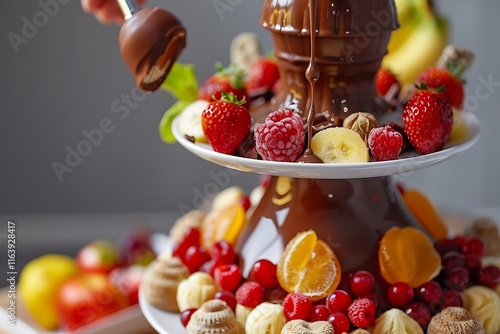 A threetiered chocolate fountain flows over fresh strawberries, raspberries, bananas, oranges, and pastries. A person dips a chocolatecovered treat. photo