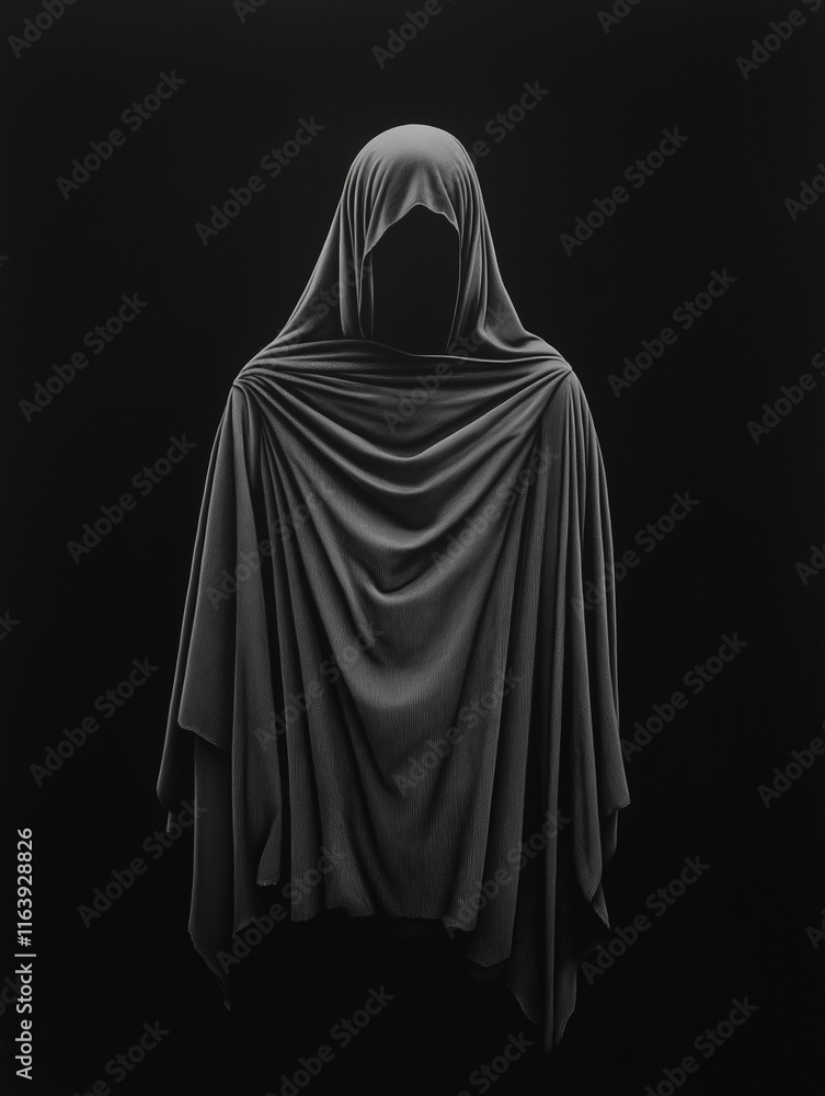 Mysteriöse Figur in Tuch hüllt sich in Schatten und Licht
Mysteriöse Figur in Tuch hüllt sich in Schatten und Licht