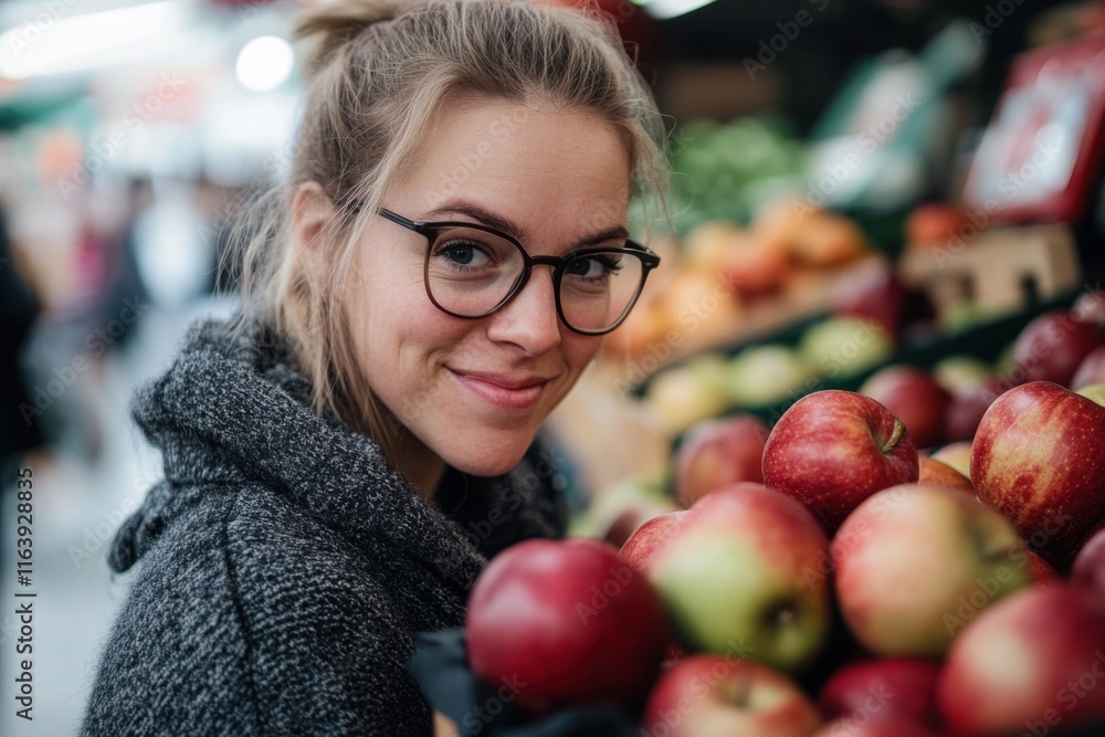 Young woman smiles at the market while selecting fresh apples among vibrant fruits in the background during daytime Young woman smiles at the market while selecting fresh apples among vibrant fruits in the background during daytime