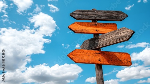 A wooden signpost with multiple arrows points in different directions against a vibrant blue sky with fluffy clouds, This image symbolizes choices and direction, ideal for travel, adventure photo