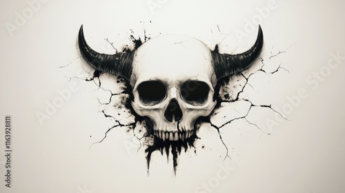 Skull with horns design on a cracked wall surface. Generative AI photo