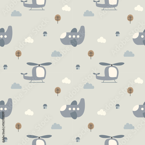 Airplane and helicopter cartoon so cute. On cloud tree house background. Pattern seamless vector illustration. 
