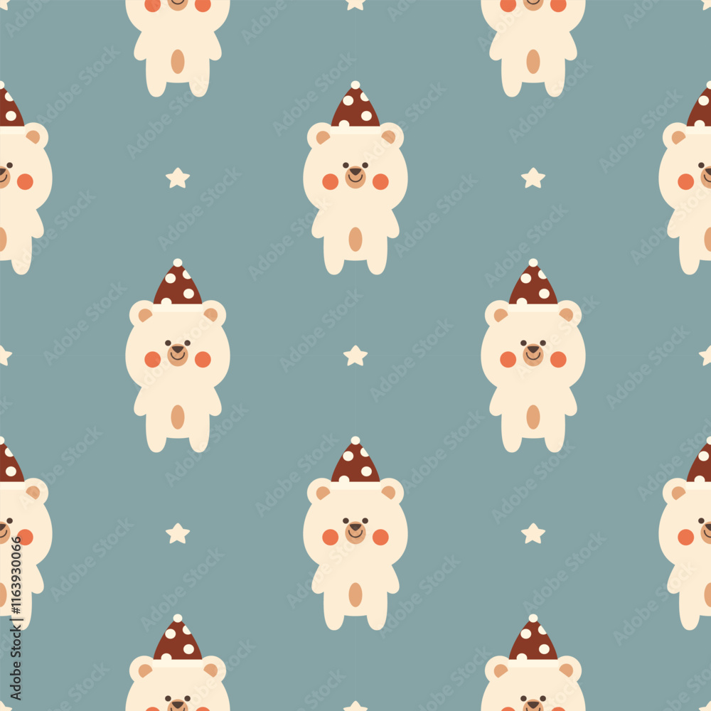 Polar bear and red hat cartoon so cute. On star background. Pattern seamless vector illustration. Polar bear and red hat cartoon so cute. On star background. Pattern seamless vector illustration.
