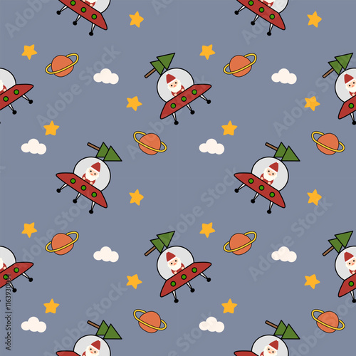Santa Claus in ufo cartoon so cute. On saturn star cloud background. Pattern seamless vector illustration. 