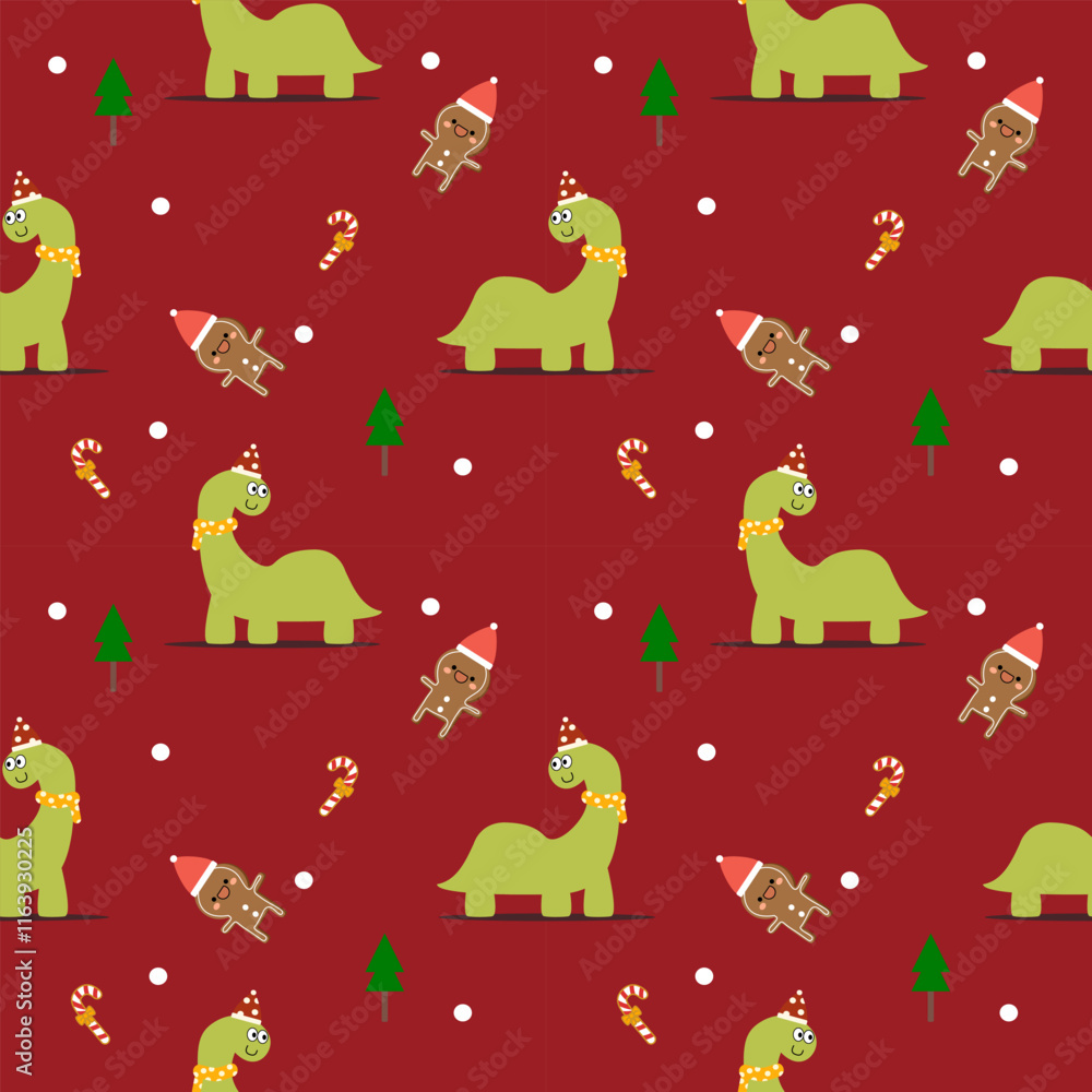 Obraz premium Dinosaur green cartoon so cute. On candy cane tree snow gingerbread cookies red background. Pattern seamless vector illustration. 