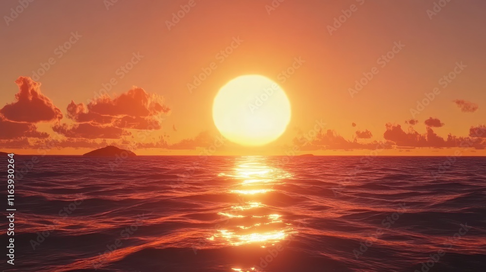 Fototapeta premium Vibrant sunset over calm ocean with islands on horizon.