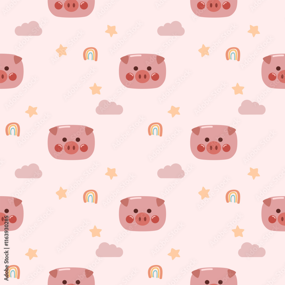 Fototapeta premium Face pig cartoon so cute. On cloud star rainbow pink background. Pattern seamless vector illustration. 