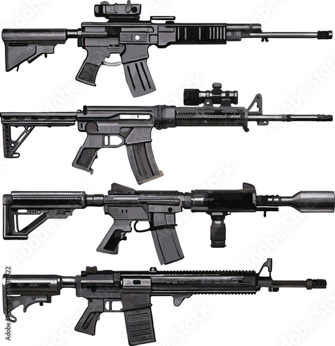 Set of weapon silhouette illustration. Army gun, knife, pistols, assault riffle gun, shotgun, sniper rifle, rocket launcher, grenades.