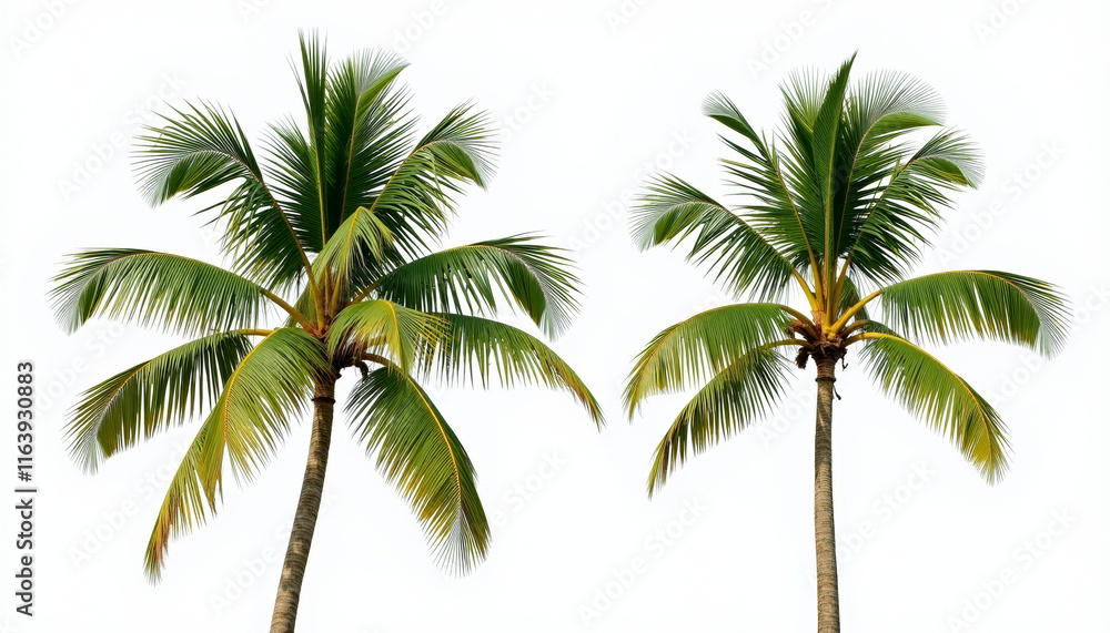 Fototapeta premium Two Tropical Palm Trees Against a Clean White Background