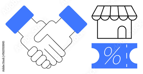 Wallpaper Mural Handshake for partnership, storefront symbolizing business, and discount coupon illustrating promotions. Ideal for retail, marketing, partnerships, discounts, sales, small businesses cooperation Torontodigital.ca