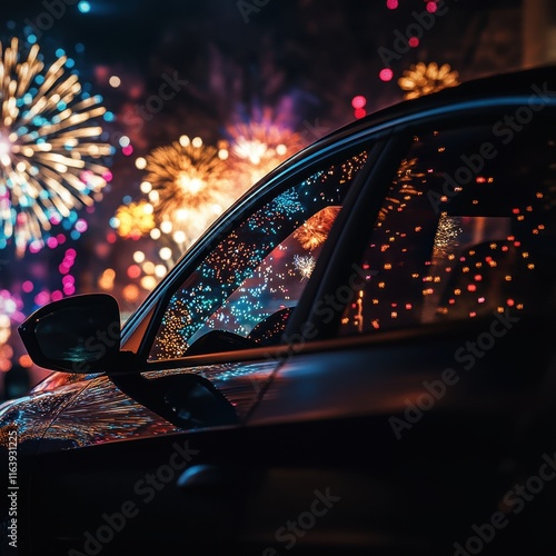 Car reflecting vibrant fireworks in a festive night scene.