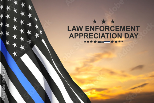 Thin Blue Line. American flag with police blue line on a background of sunset. Support of police and law enforcement. National Law Enforcement Appreciation Day. EPS10 vector