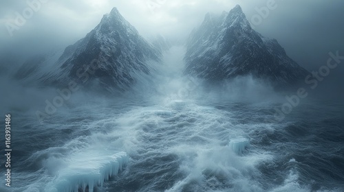 Turbulent icy sea, snow-capped mountains, misty scene.