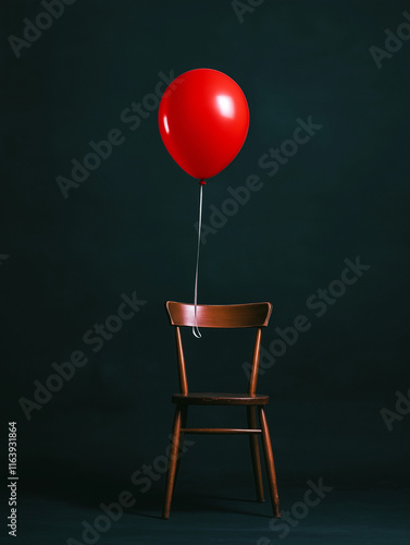 Holzstuhl mit grünem Ballon vor einer tiefgrünen Wand in einem minimalistischen Raum

 photo