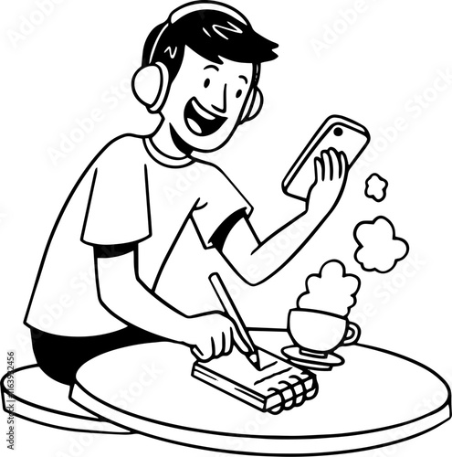 Digital Nomad Man Cartoon Character Outline