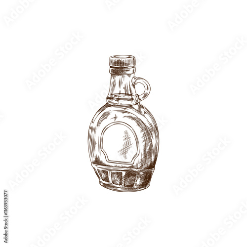 Vector icon of syrup bottle with a label and a lid on a white background