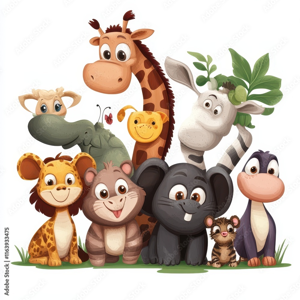 Obraz premium Adorable Cartoon Animals Grouped Together In A Friendly Pose