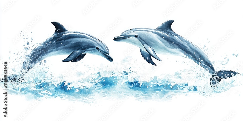 Fototapeta premium Dolphins performing tricks in an aquatic park, delighting visitors with synchronized jumps.