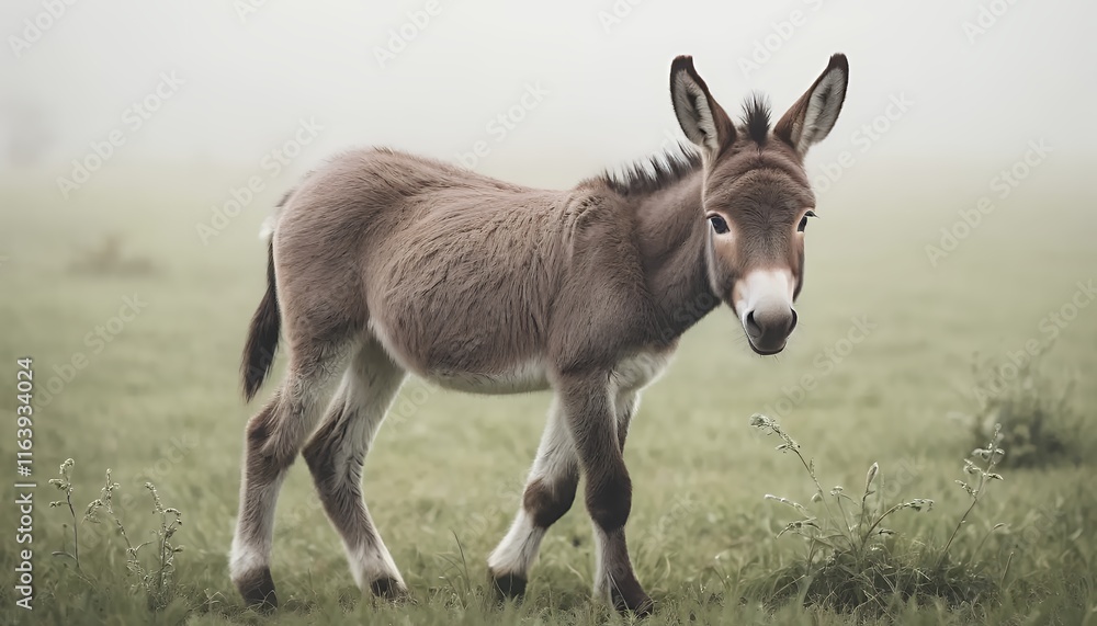 Young Donkey Grazing in a Misty Pasture During Early Morning Young Donkey Grazing in a Misty Pasture During Early Morning