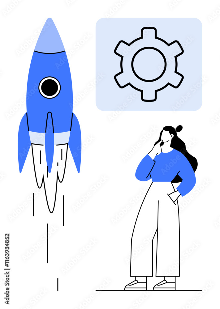 Rocket launching next to gear symbol, person thinking with hand on face. Ideal for innovation, development, problem-solving, strategy, technology, startup vision. Abstract line flat metaphor Rocket launching next to gear symbol, person thinking with hand on face. Ideal for innovation, development, problem-solving, strategy, technology, startup vision. Abstract line flat metaphor