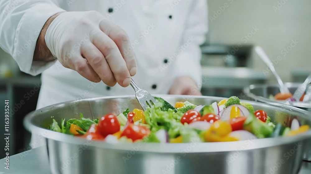 Chef Preparing Fresh Vegetable Salad with Colorful Ingredients in Professional Kitchen Chef Preparing Fresh Vegetable Salad with Colorful Ingredients in Professional Kitchen